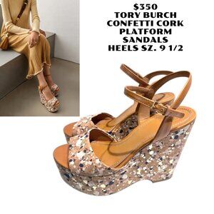 TORY BURCH WEDGE PLATFORM CORK SPLATTER SANDALS HEELS SIZE 9 1/2